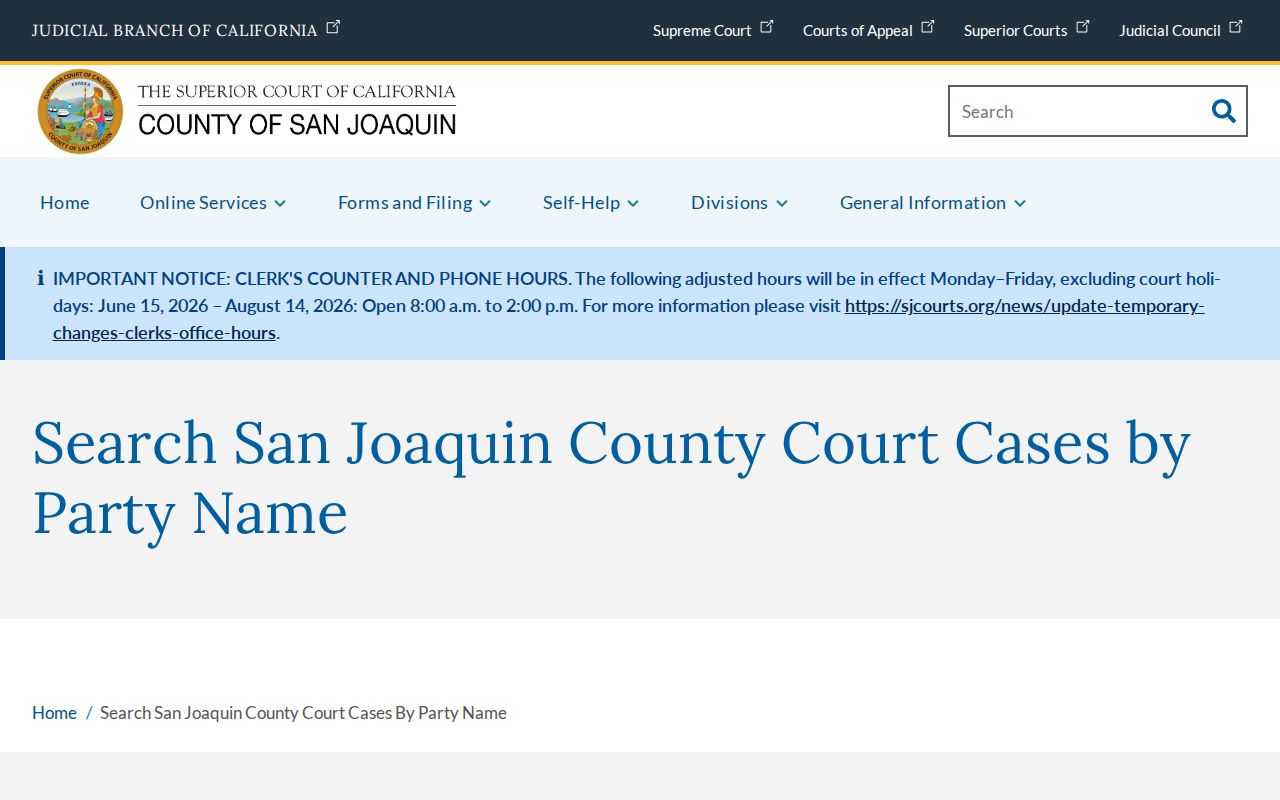 San Joaquin Superior Court party-name criminal case search form