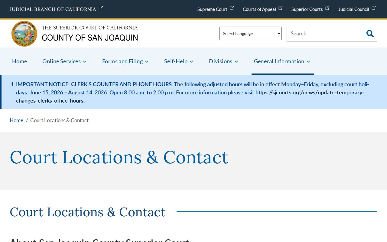 San Joaquin Superior Court locations page