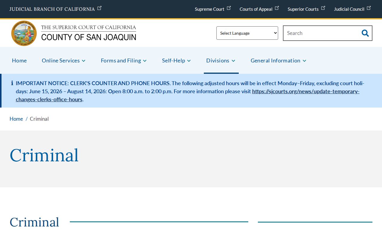 San Joaquin Superior Court Criminal Division information
