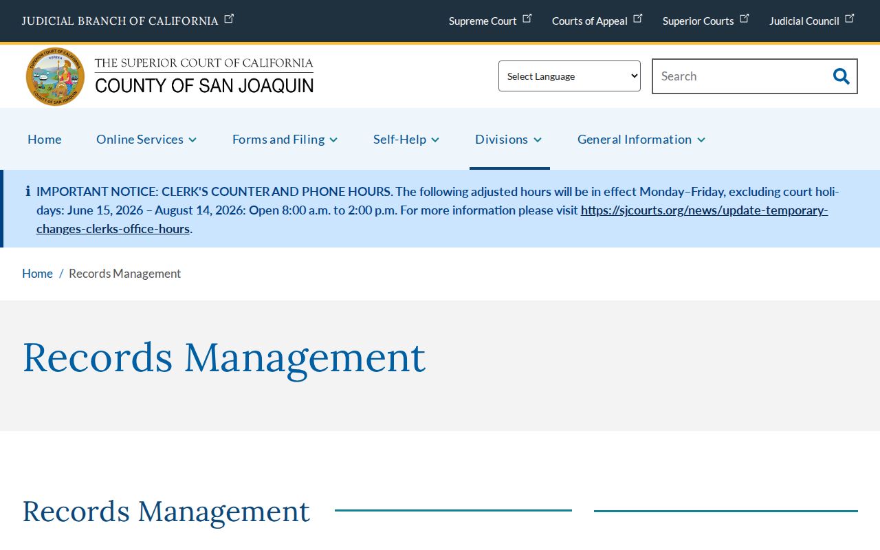 San Joaquin Superior Court records management copy fees