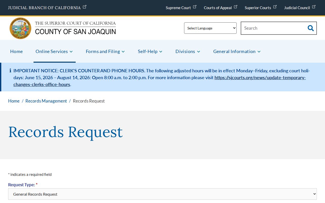 San Joaquin Superior Court online records request form