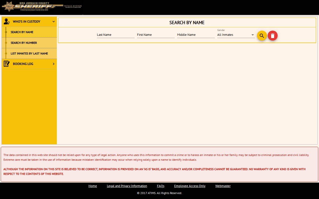 San Joaquin County criminal booking log and custody search