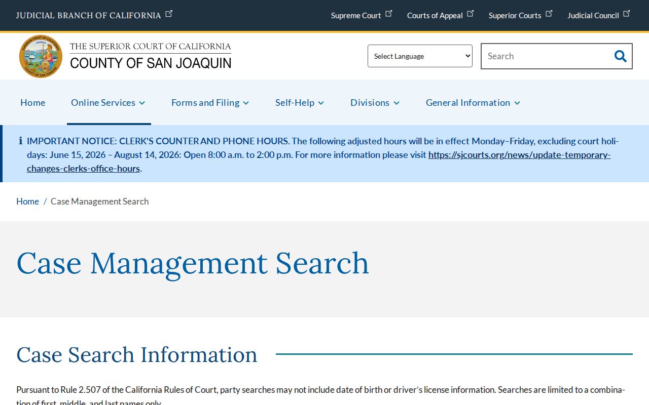 San Joaquin County criminal court case search options