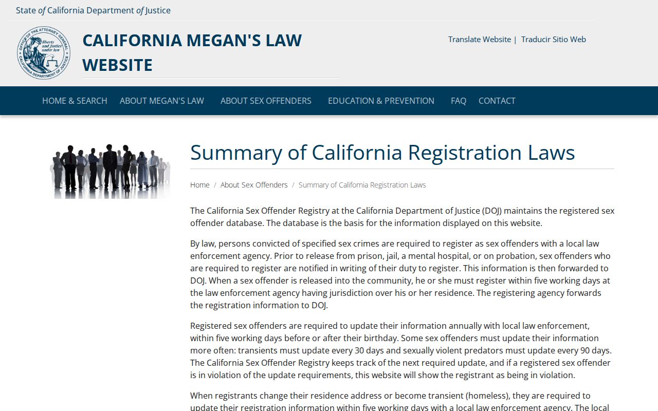 California DOJ summary of sex offender registration laws