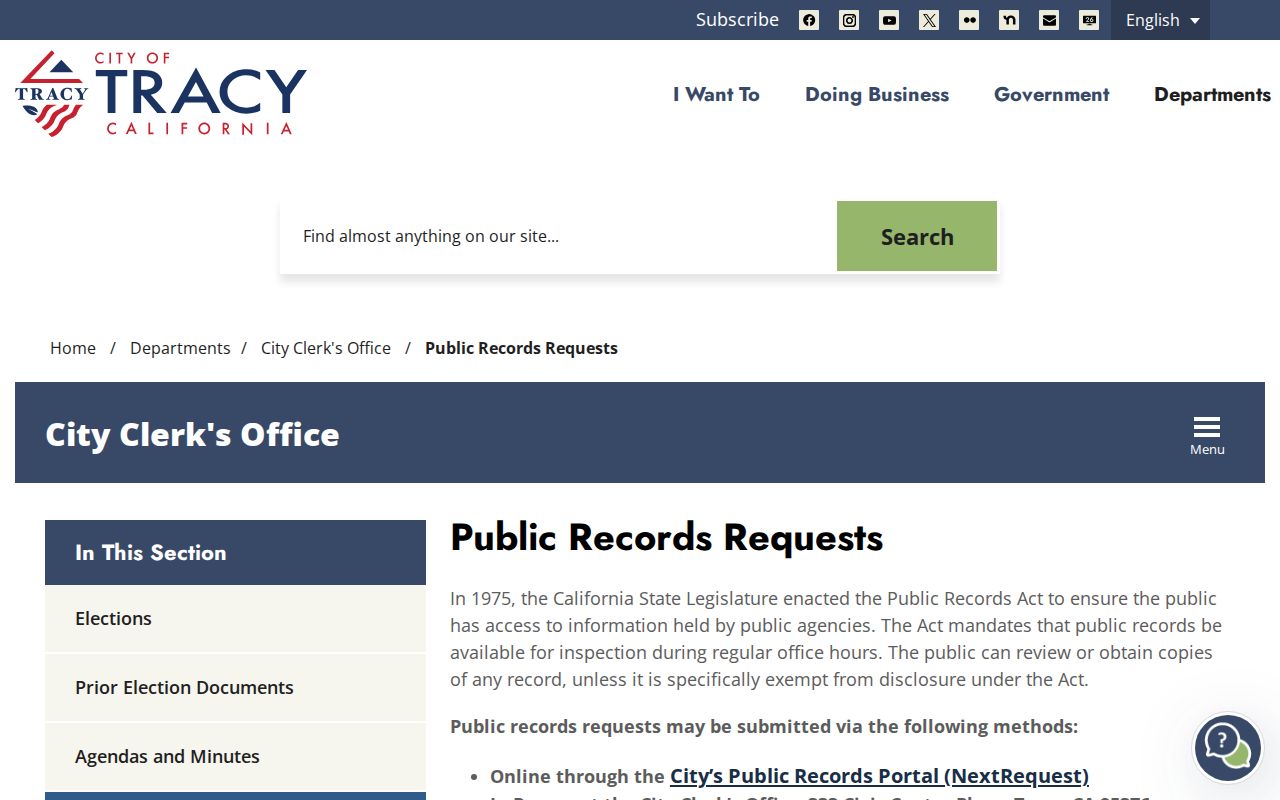 Tracy criminal records City Clerk request channels