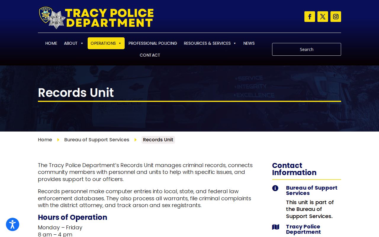 Tracy criminal records Police Records Unit